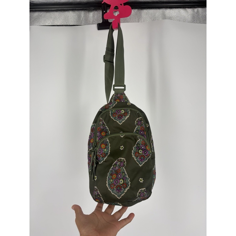 Vera Bradley Lorman Sling Backpack Olive Green Floral Paisley Crossbody Bag
